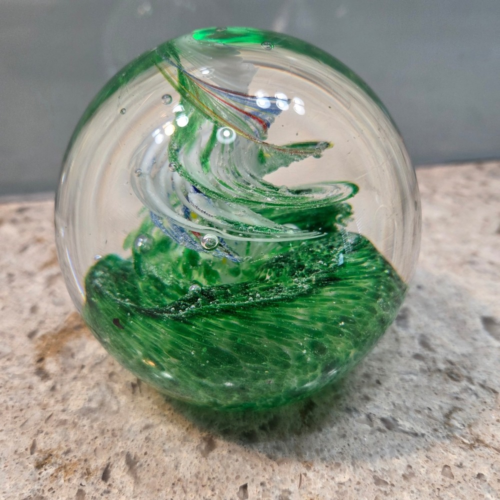 Vintage Art‎ Glass Paperweight Green Controlled Bubble Multi Color Swirl Orb
